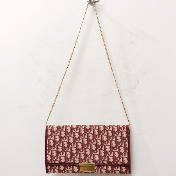Christian Dior Red Monogram Logo Oblique Canvas Leather Clutch Shoulder Bag - Picture 2 of 10